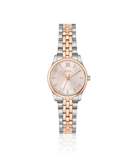 Graceful two-tone watch with pink sunburst-patterned dial