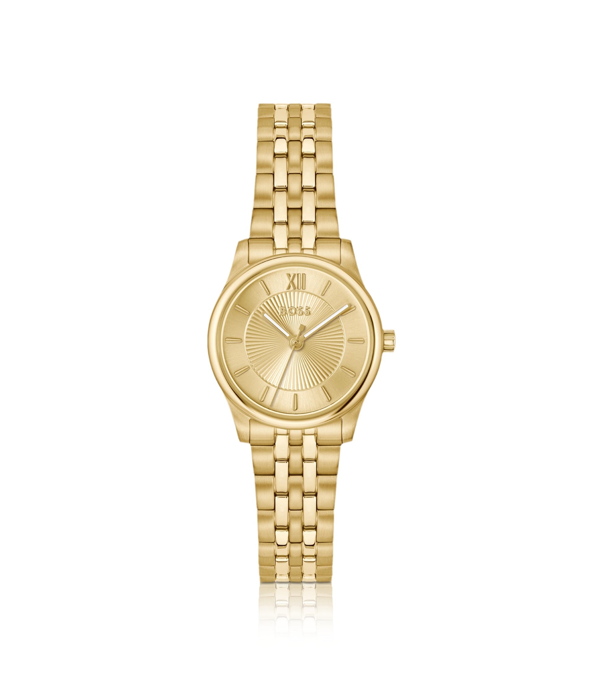 Graceful gold-tone watch with sunburst-patterned dial