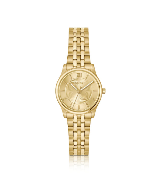 Graceful gold-tone watch with sunburst-patterned dial