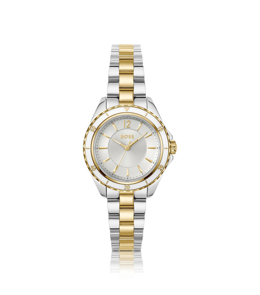 Two-tone watch with epoxy-filled bezel