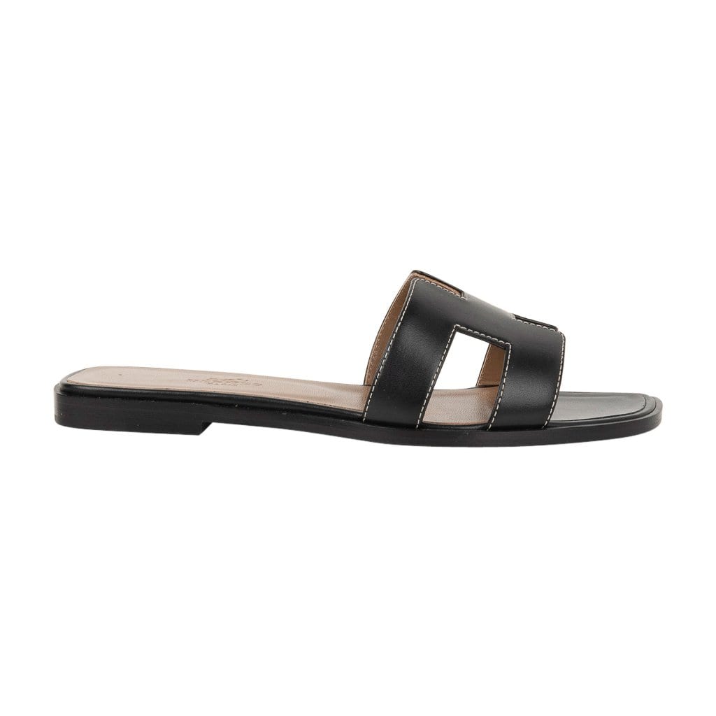 Hermès Oran Sandals – Black Calfskin with White Top Stitch