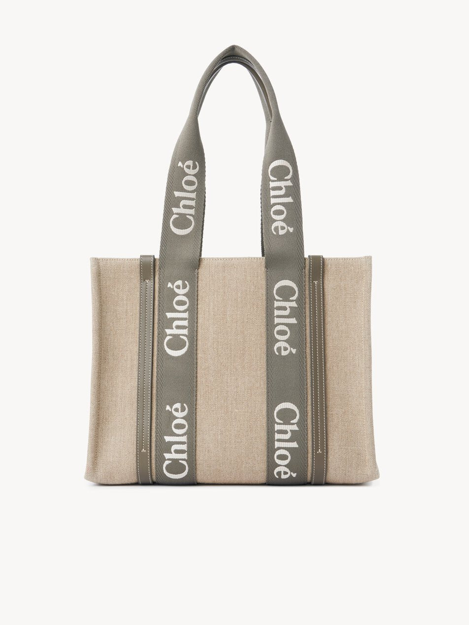CHLOE Woody tote bag in linen Flannel Grey by CHLOE