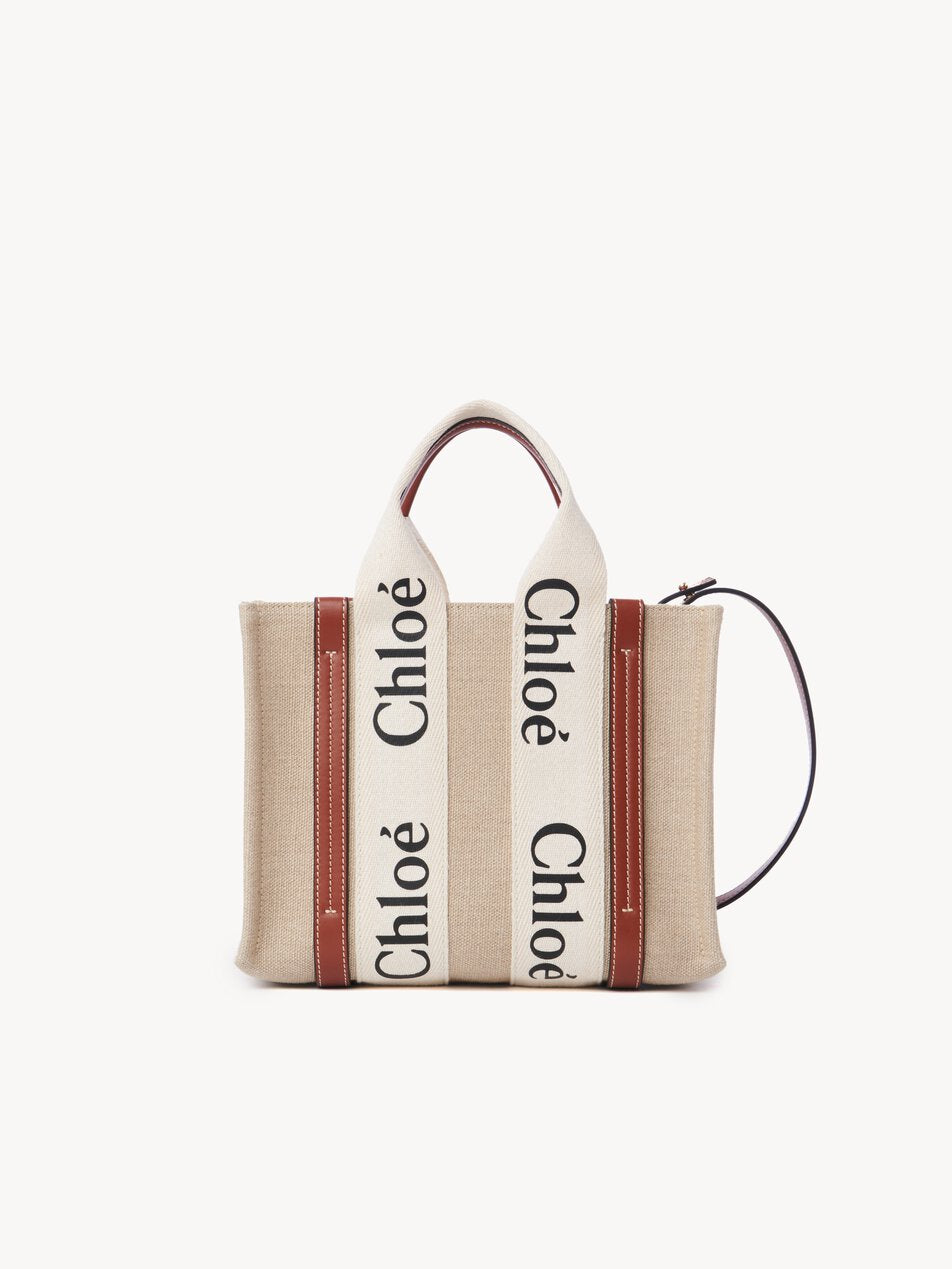 CHLOE Small Woody tote bag in linen White - Brown by CHLOE