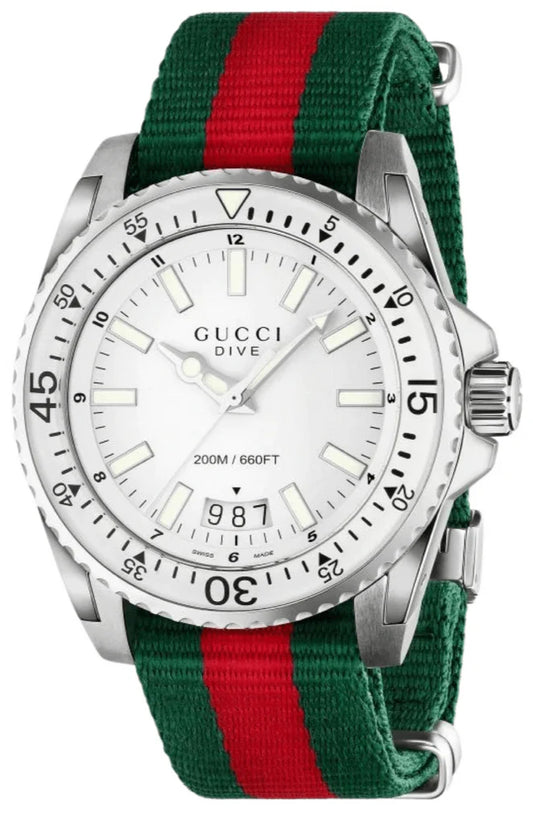 Men’s Gucci YA136207 Dive Quartz Silver Dial Red & Green Nylon Strap Watch