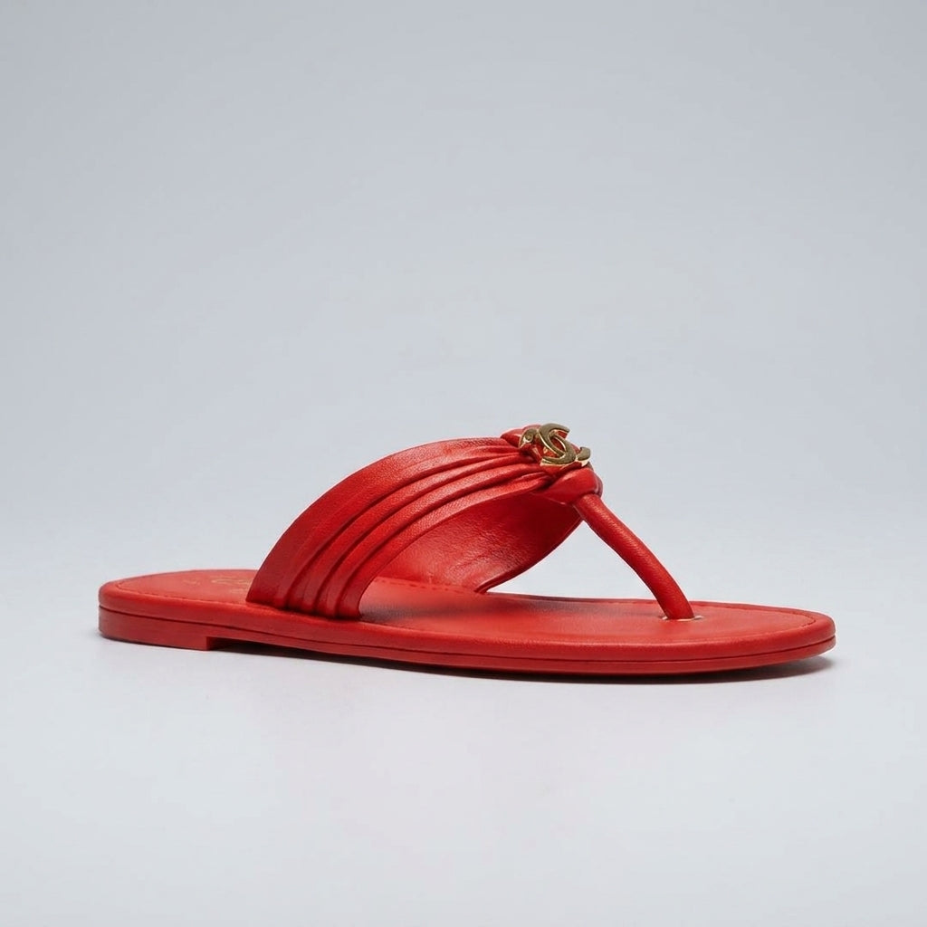 CHANEL Coco Beach Thong Sandals – Red Lambskin & Gold - Zeuskicks