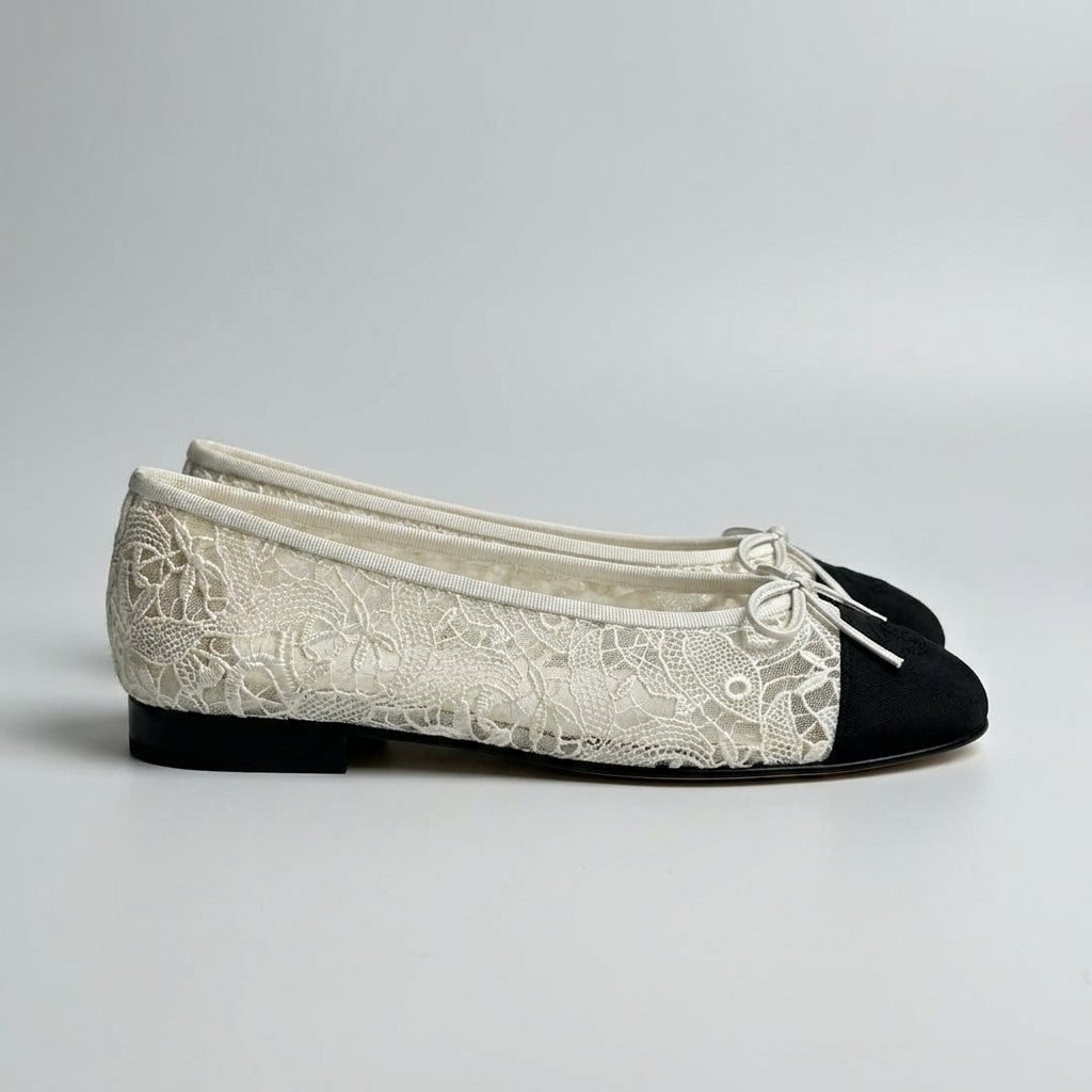 CHANEL Coco Beach Lace Ballerina Flats – White Mesh & Black - Zeuskicks