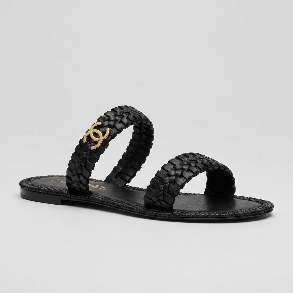 CHANEL Coco Beach Mules – Black Woven Calfskin & Gold - Zeuskicks