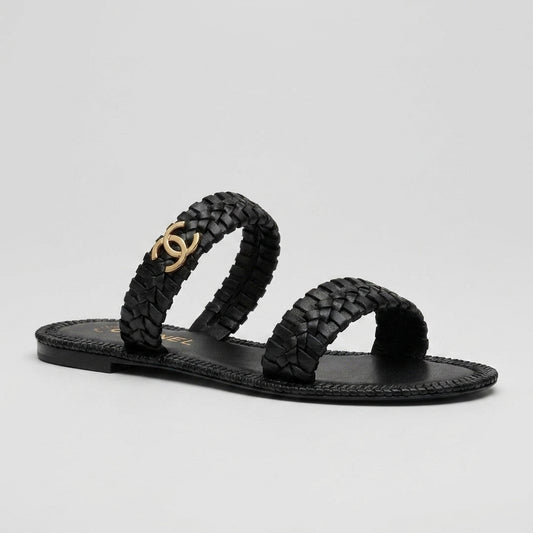CHANEL Coco Beach Mules – Black Woven Calfskin & Gold - Zeuskicks
