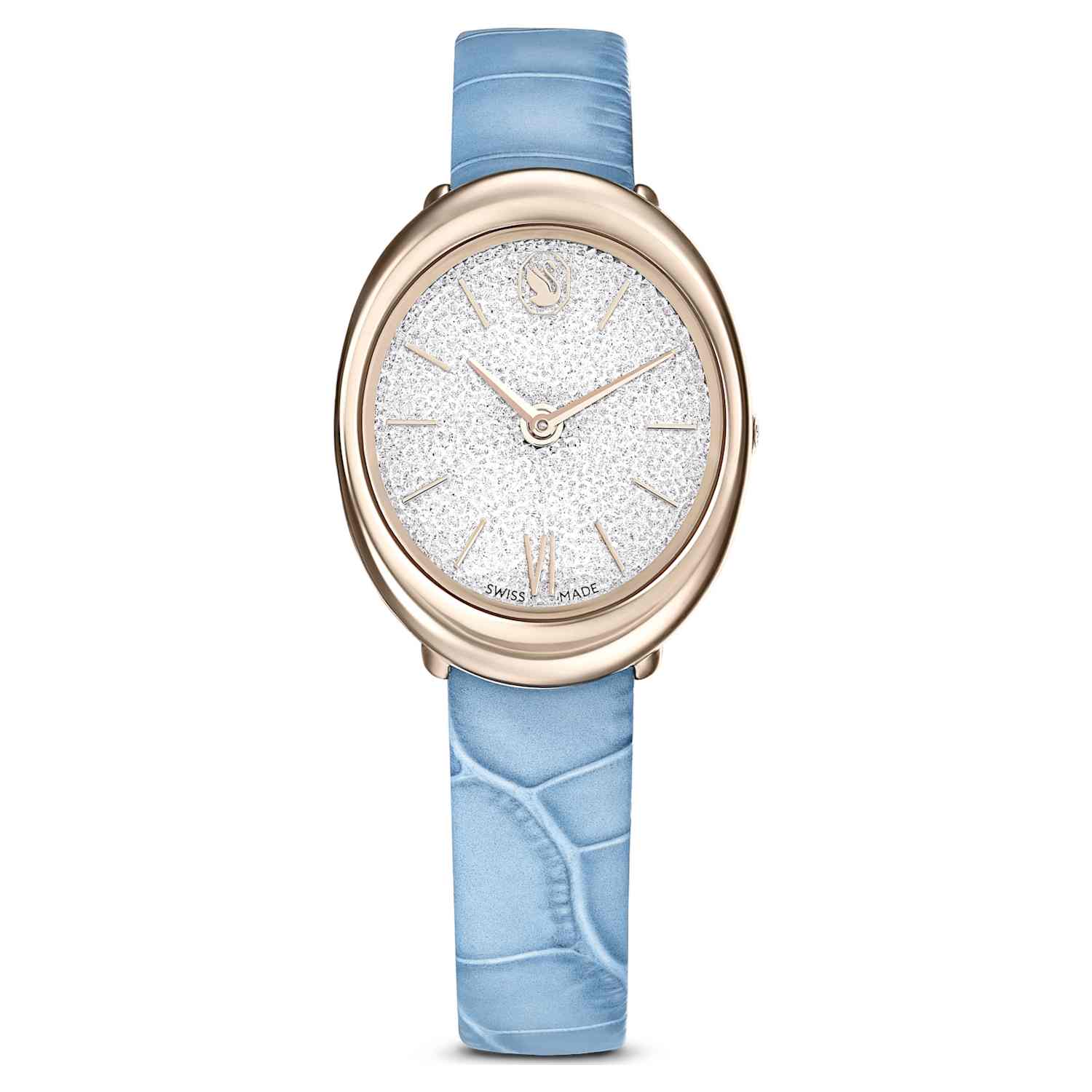 Imber oval watch, Swiss Made, Leather strap, Blue, Champagne gold-tone finish