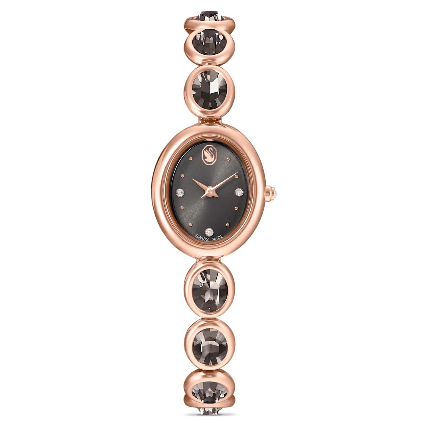 Imber oval watch, Swiss Made, Metal bracelet, Black, Rose gold-tone finish