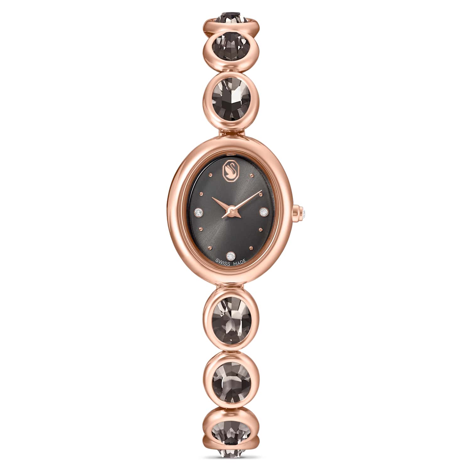 Imber oval watch, Swiss Made, Metal bracelet, Black, Rose gold-tone finish