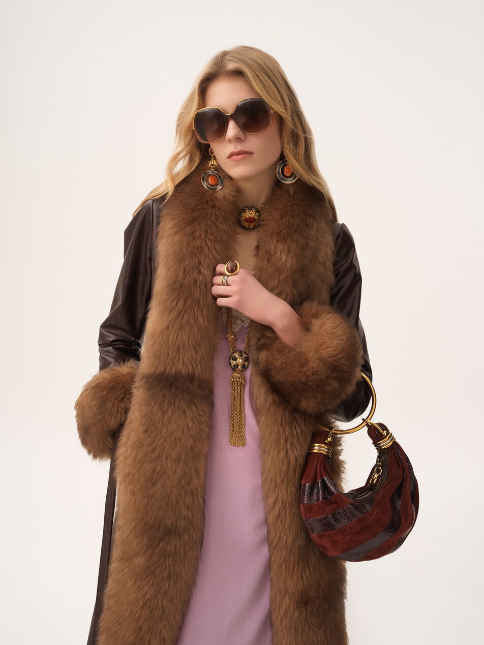 CHLOE Mini Bracelet Hobo bag in suede leather & snakeskin Crafty Brown by CHLOE