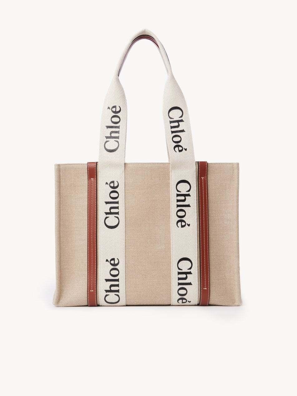 CHLOE Woody tote bag in linen White - Brown by CHLOE