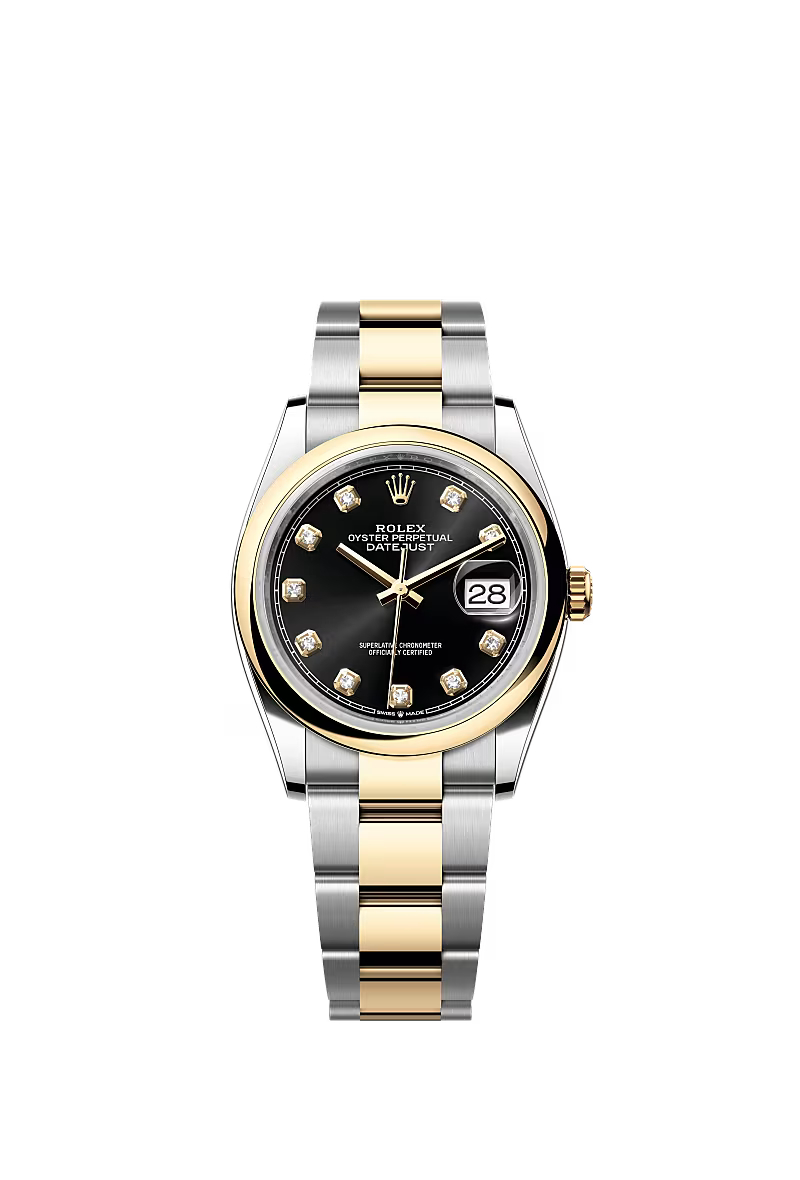 Men’s Rolex Datejust 36 Ref. 126203 – Yellow Rolesor, Bright Black Diamond Dial, Oyster Bracelet