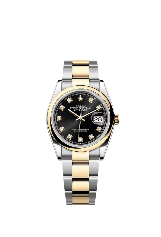Men’s Rolex Datejust 36 Ref. 126203 – Yellow Rolesor, Bright Black Diamond Dial, Oyster Bracelet