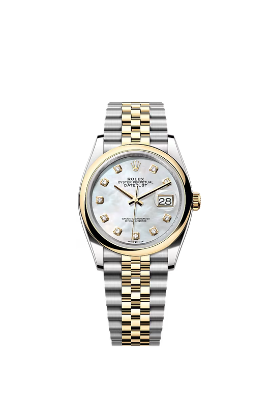 Men’s Rolex Datejust 36 Ref. 126203 – Yellow Rolesor, White Mother-of-Pearl Diamond Dial, Jubilee Bracelet