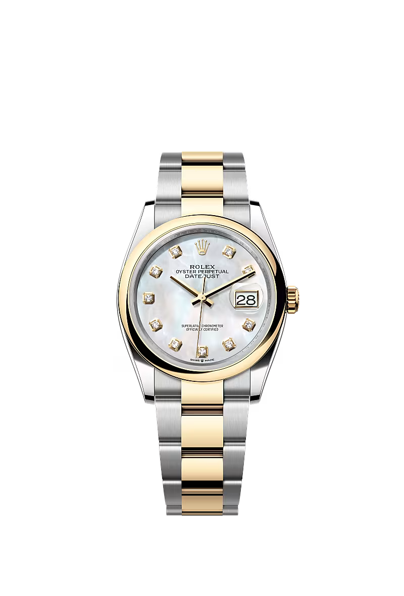 Men’s Rolex Datejust 36 Ref. 126203 – Yellow Rolesor, White Mother-of-Pearl Diamond Dial, Oyster Bracelet