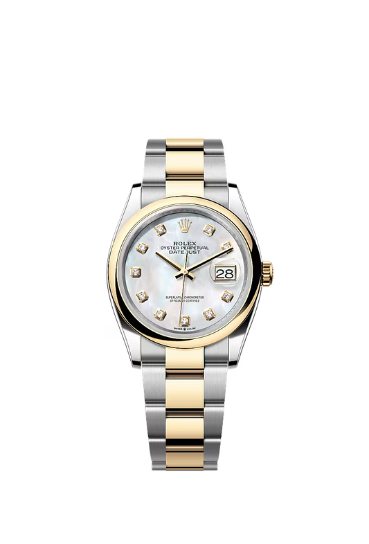 Men’s Rolex Datejust 36 Ref. 126203 – Yellow Rolesor, White Mother-of-Pearl Diamond Dial, Oyster Bracelet