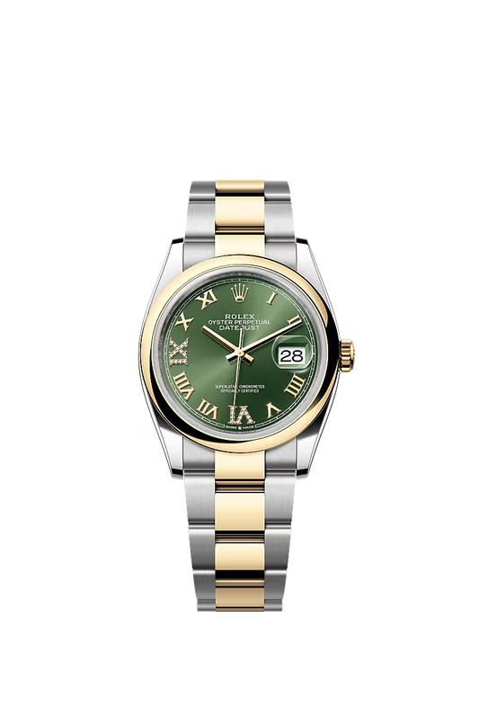 Men’s Rolex Datejust 36 Ref. 126203 – Yellow Rolesor, Olive Green Diamond Dial (Roman VI & IX), Oyster Bracelet