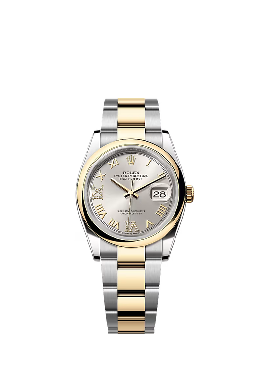 Men’s Rolex Datejust 36 Ref. 126203 – Yellow Rolesor, Silver Diamond Dial (Roman VI & IX), Oyster Bracelet