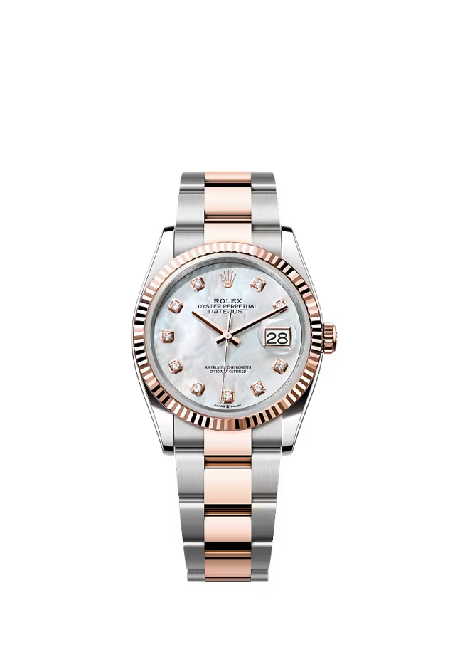 Rolex Datejust 36 126231 Men’s Watch – Oystersteel & Everose Gold, White Mother-of-Pearl Diamond Dial, Fluted Bezel