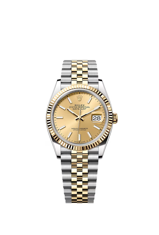 Women’s Rolex Datejust 36 Ref. 126233 – Yellow Rolesor, Fluted Bezel, Champagne Dial, Jubilee Bracelet
