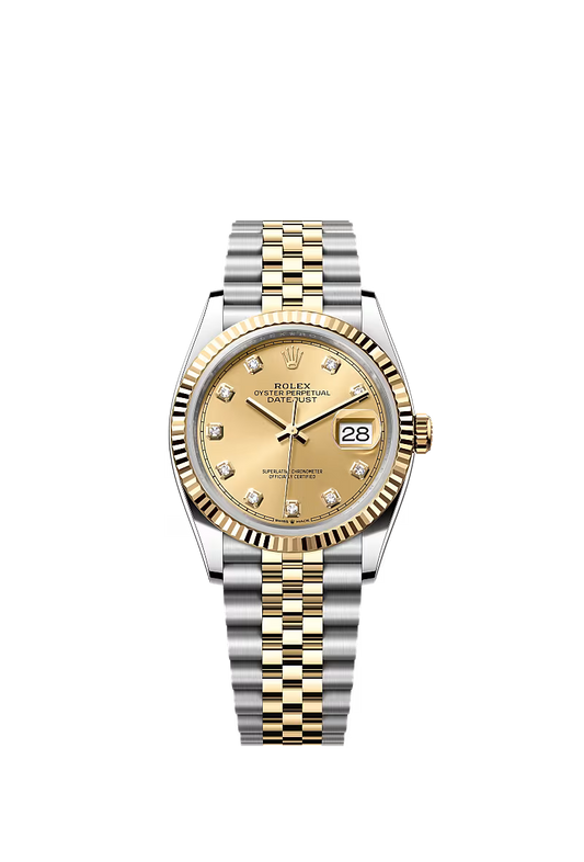 Women’s Rolex Datejust 36 Ref. 126233 – Yellow Rolesor, Fluted Bezel, Champagne Dial with Diamonds, Jubilee Bracelet