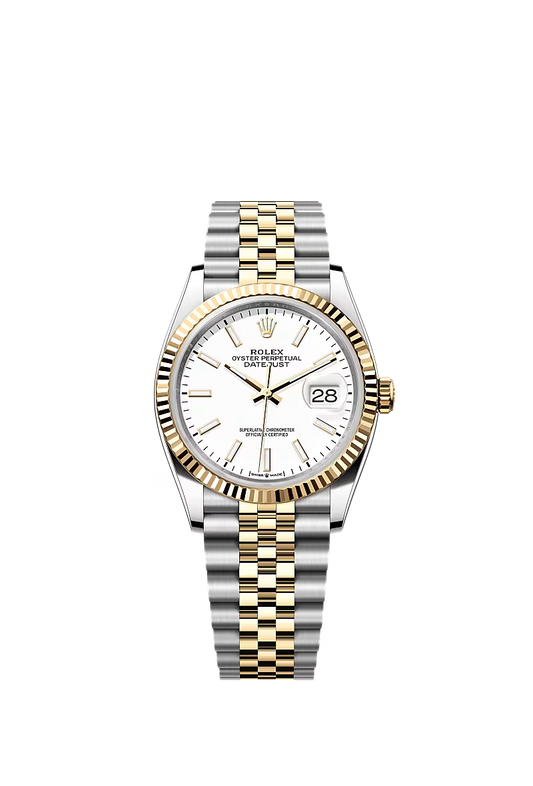 Women’s Rolex Datejust 36 Ref. 126233 – Yellow Rolesor, Fluted Bezel, White Dial, Jubilee Bracelet