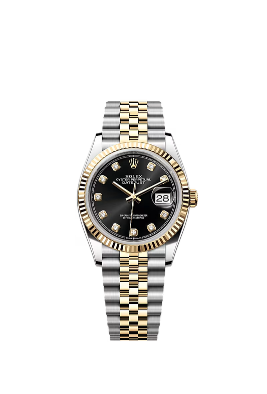 Women’s Rolex Datejust 36 Ref. 126233 – Yellow Rolesor, Fluted Bezel, Bright Black Dial with Diamonds, Jubilee Bracelet