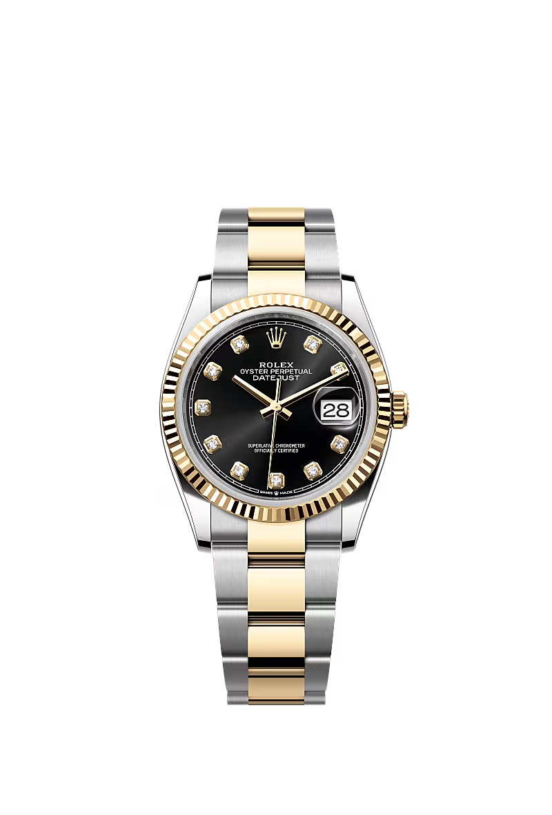 Men’s Rolex Datejust 36 Ref. 126233 – Yellow Rolesor, Bright Black Diamond Dial, Oyster Bracelet