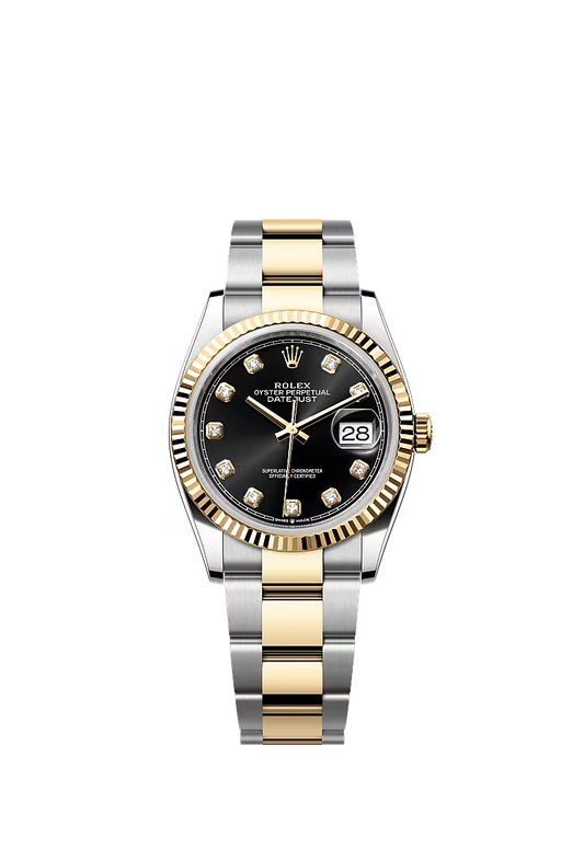 Men’s Rolex Datejust 36 Ref. 126233 – Yellow Rolesor, Bright Black Diamond Dial, Oyster Bracelet