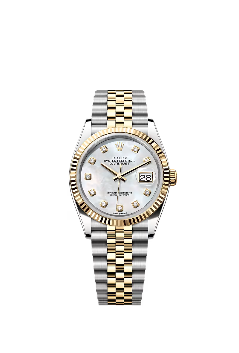 Women’s Rolex Datejust 36 Ref. 126233 – Yellow Rolesor, Fluted Bezel, White Mother-of-Pearl Dial with Diamonds, Jubilee Bracelet
