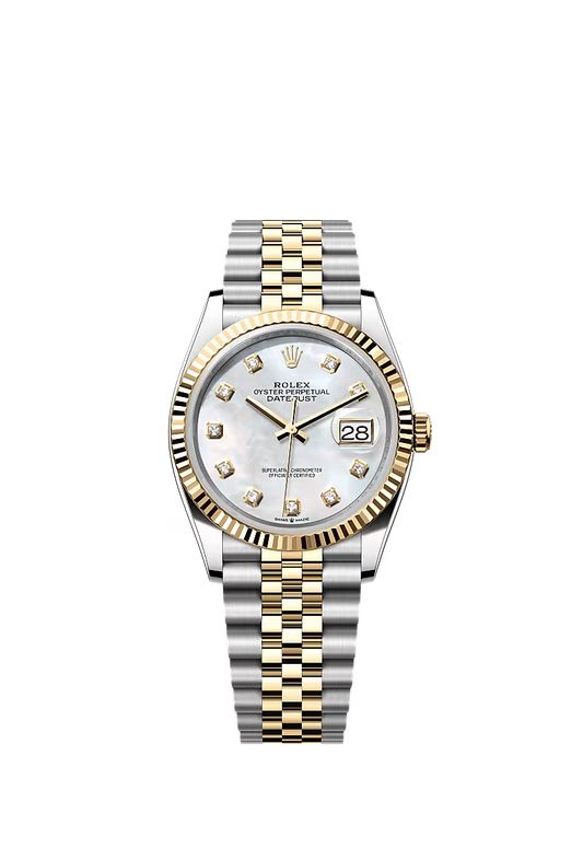 Women’s Rolex Datejust 36 Ref. 126233 – Yellow Rolesor, Fluted Bezel, White Mother-of-Pearl Dial with Diamonds, Jubilee Bracelet
