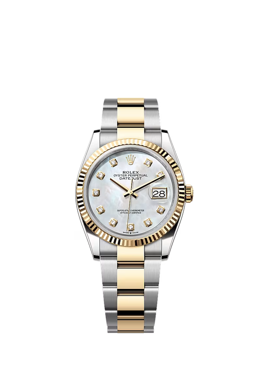 Men’s Rolex Datejust 36 Ref. 126233 – Yellow Rolesor, White Mother-of-Pearl Diamond Dial, Oyster Bracelet