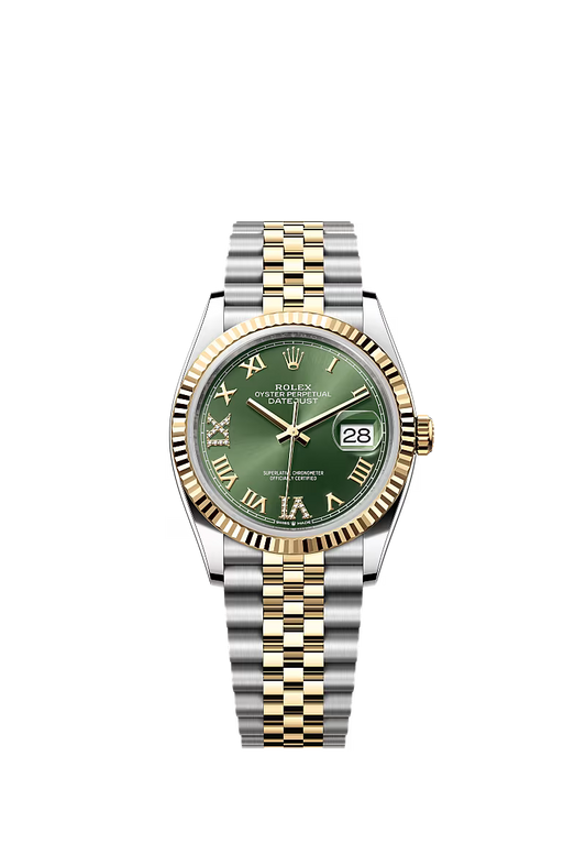 Women’s Rolex Datejust 36 Ref. 126233 – Yellow Rolesor, Fluted Bezel, Olive Green Dial with Diamonds, Jubilee Bracelet