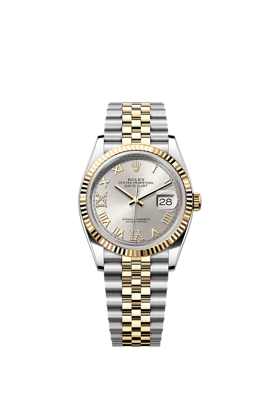 Women’s Rolex Datejust 36 Ref. 126233 – Yellow Rolesor, Fluted Bezel, Silver Dial with Diamonds, Jubilee Bracelet