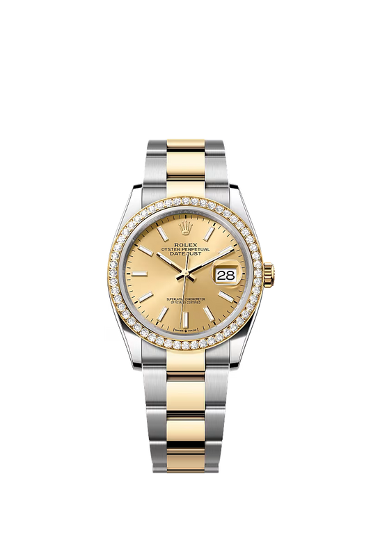 Women’s Rolex Datejust 36 Ref. 126283RBR – Yellow Rolesor, Diamond Bezel, Champagne Dial, Oyster Bracelet
