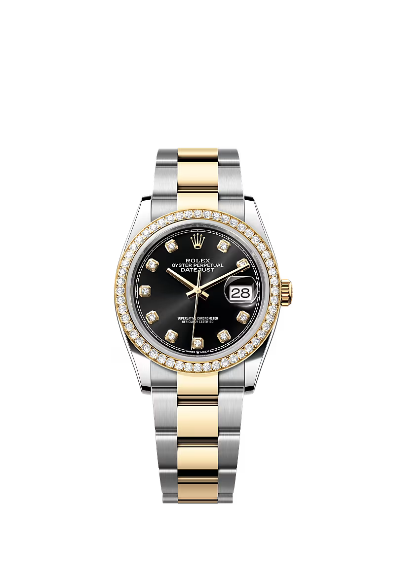 Women’s Rolex Datejust 36 Ref. 126283RBR – Yellow Rolesor, Diamond Bezel, Bright Black Dial with Diamonds, Oyster Bracelet