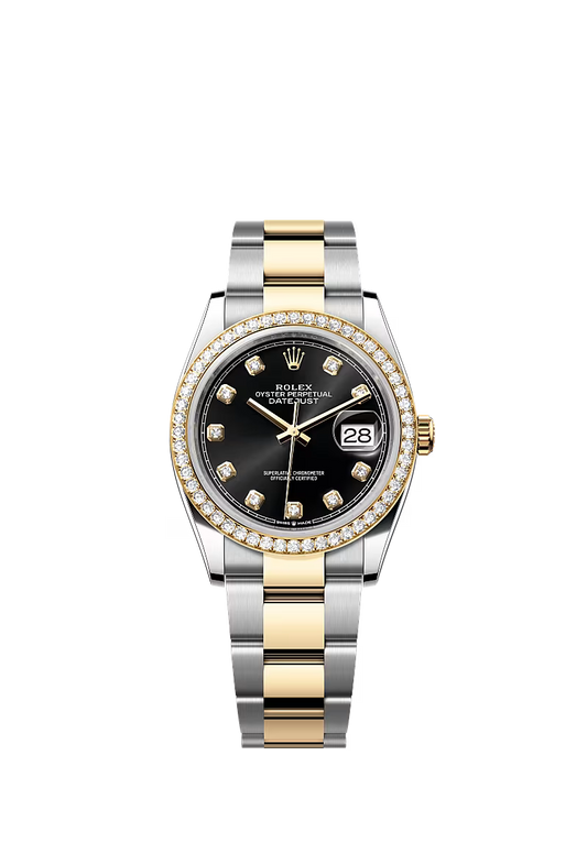 Women’s Rolex Datejust 36 Ref. 126283RBR – Yellow Rolesor, Diamond Bezel, Bright Black Dial with Diamonds, Oyster Bracelet