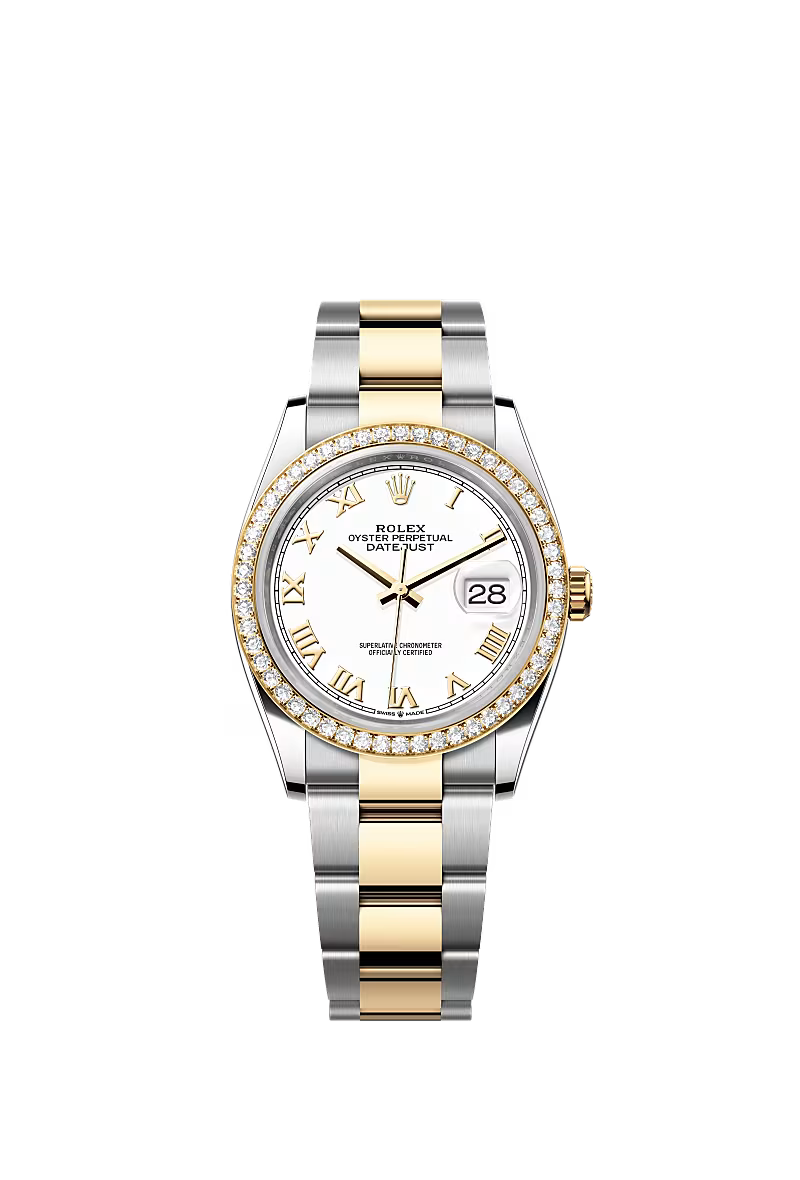 Women’s Rolex Datejust 36 Ref. 126283RBR – Yellow Rolesor, Diamond Bezel, White Dial, Oyster Bracelet