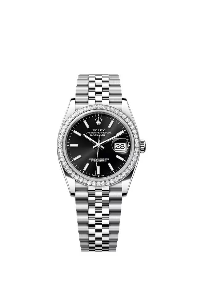 Men’s Rolex Datejust 36 126284RBR – Oystersteel & White Gold, Bright Black Dial, Diamond Bezel, Jubilee Bracelet