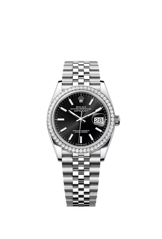 Men’s Rolex Datejust 36 126284RBR – Oystersteel & White Gold, Bright Black Dial, Diamond Bezel, Jubilee Bracelet