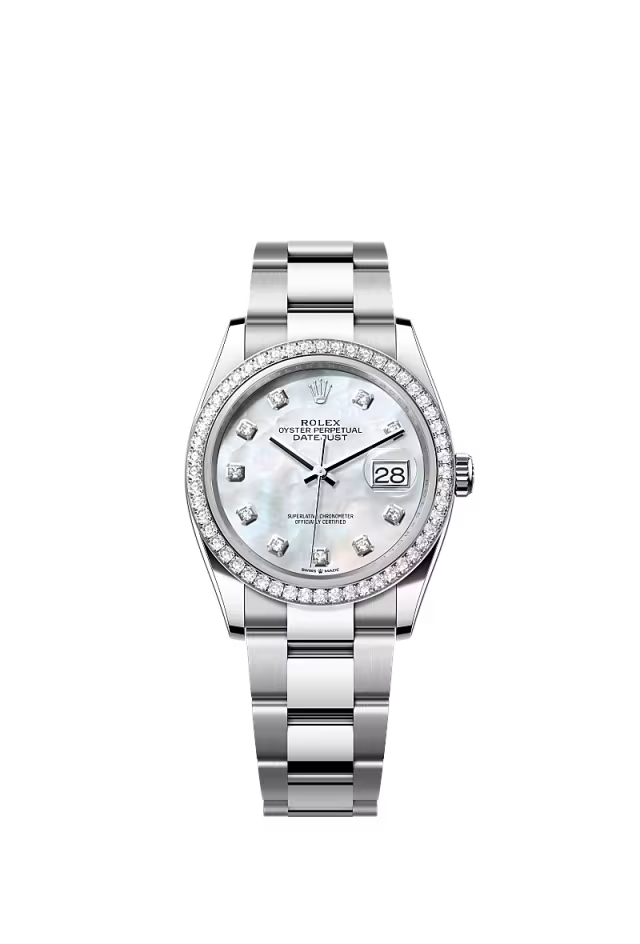 Men’s Rolex Datejust 36 126284RBR Oystersteel & White Gold Automatic Watch – White Mother-of-Pearl Diamond Dial