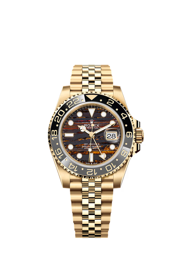 Men’s Rolex GMT-Master II 126718GRNR – 18K Yellow Gold, Grey & Black Bezel, Tiger Iron Dial