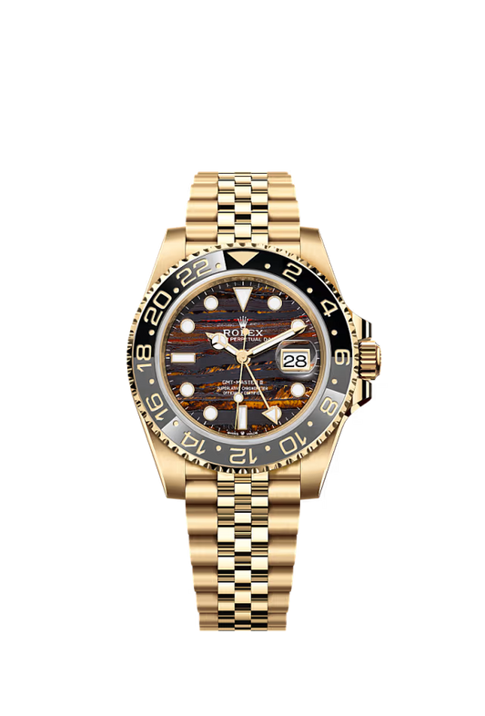 Men’s Rolex GMT-Master II 126718GRNR – 18K Yellow Gold, Grey & Black Bezel, Tiger Iron Dial