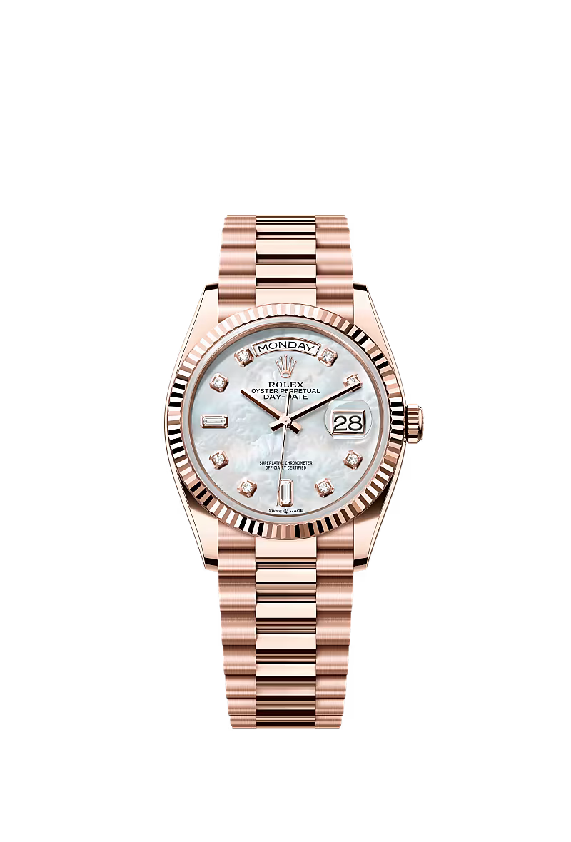 Men’s Rolex Day-Date 36 18K Everose Gold White Mother-of-Pearl Diamond Dial Watch – Reference 128235 - Zeuskicks