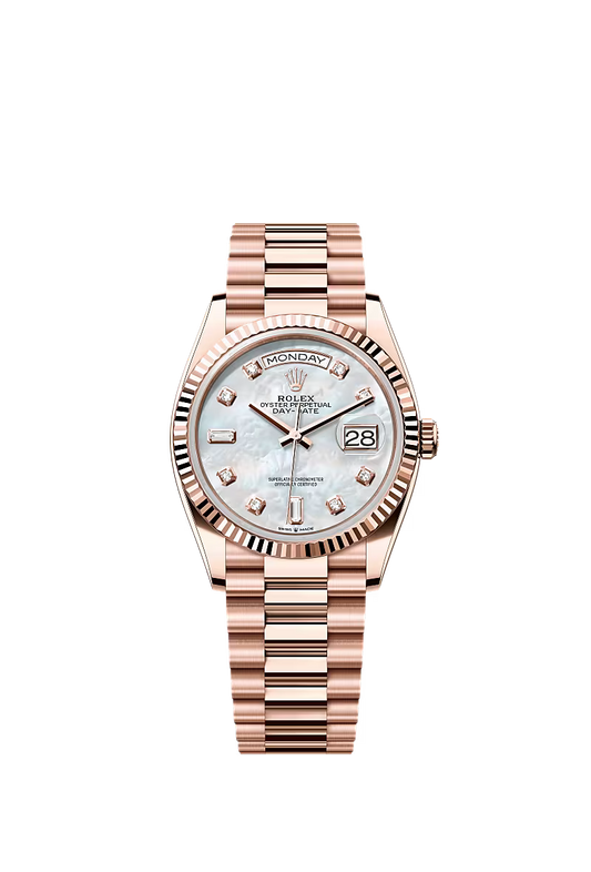 Men’s Rolex Day-Date 36 18K Everose Gold White Mother-of-Pearl Diamond Dial Watch – Reference 128235 - Zeuskicks