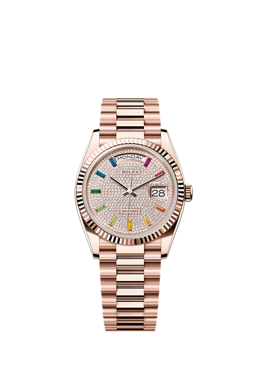 Men’s Rolex Day-Date 36 18K Everose Gold Diamond-Paved Rainbow Sapphire Dial Watch – Reference 128235 - Zeuskicks