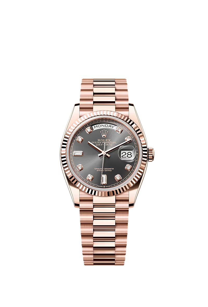 Men’s Rolex Day-Date 36 18K Everose Gold Slate Diamond Dial Watch – Reference 128235 - Zeuskicks