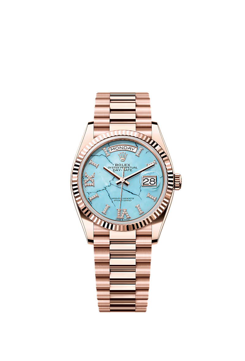 Men’s Rolex Day-Date 36 18K Everose Gold Turquoise Diamond Dial Watch – Reference 128235 - Zeuskicks